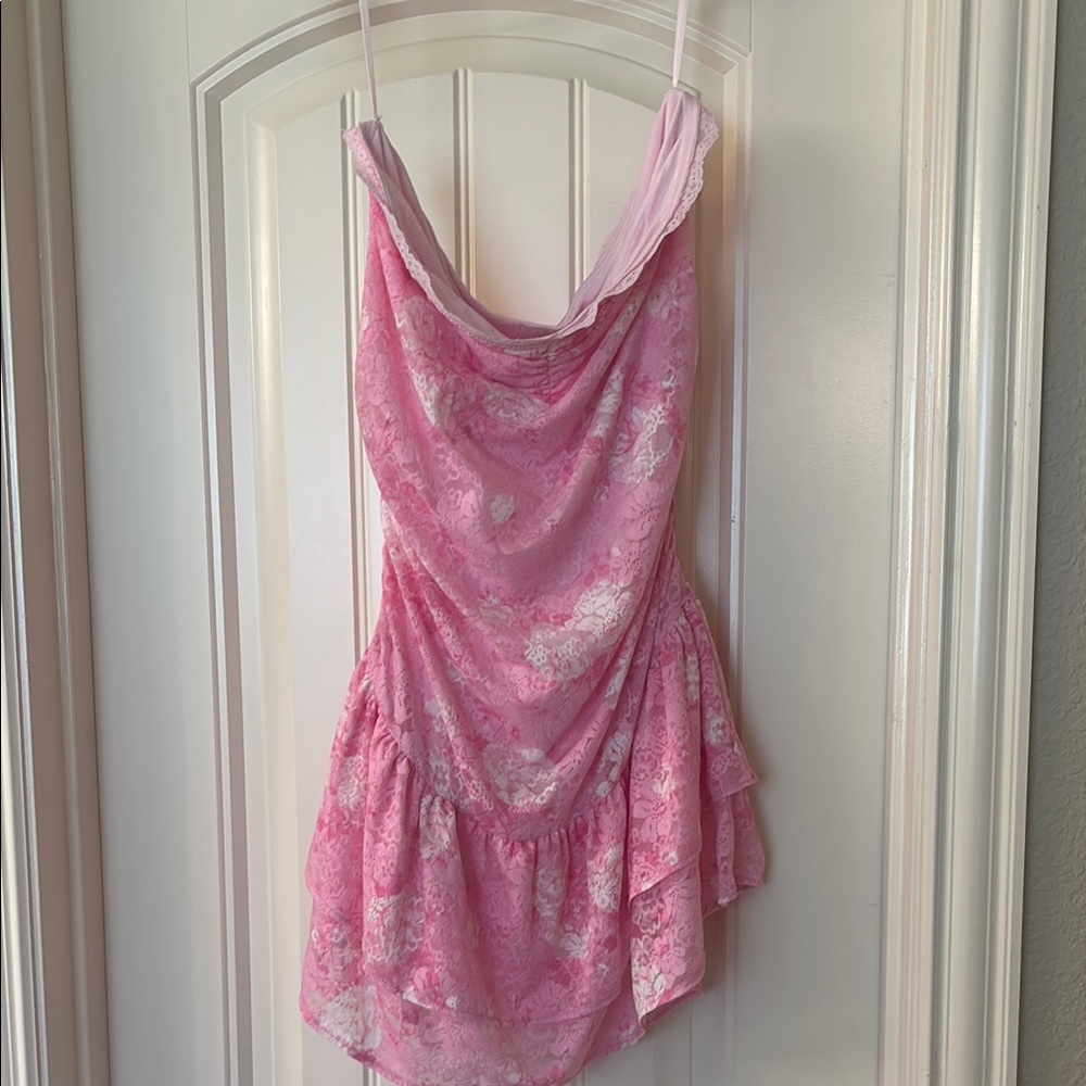 Pink X Loveshackfancy strapless mini dress